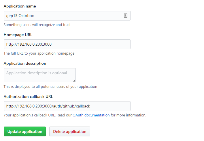 GitHub OAuth Application Settings